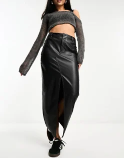 Skirts*DESIGN Faux Leather Maxi Skirt With Front Split In Black