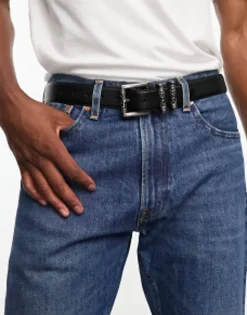 Belts*DESIGN Faux Leather Pebbled Belt With Engraved Burnished Buckles In Black