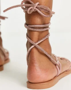 Flat Sandals*DESIGN Faye Leather Embellished Flat Sandals In Rose Gold
