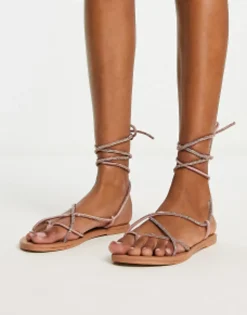 Flat Sandals*DESIGN Faye Leather Embellished Flat Sandals In Rose Gold