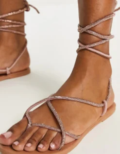 Flat Sandals*DESIGN Faye Leather Embellished Flat Sandals In Rose Gold