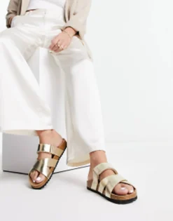 Flat Sandals*DESIGN Fiery Cross Strap Flat Sandals In Gold