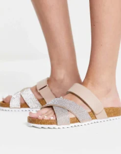 Flat Shoes*DESIGN Fiery Cross Strap Flat Sandals With Diamante In Pink Light Pink