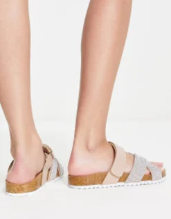 Flat Shoes*DESIGN Fiery Cross Strap Flat Sandals With Diamante In Pink Light Pink