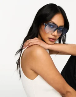 Sunglasses*DESIGN Fine Frame Oversized 70S Sunglasses In Crystal Blue Mid Blue