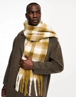 Scarves*DESIGN Fluffy Scarf In Olive Check Mid Green