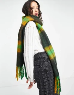 Scarves*DESIGN Fluffy Wool Mix Tassel Scarf In Mustard & Green Check Multi