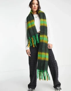 Scarves*DESIGN Fluffy Wool Mix Tassel Scarf In Mustard & Green Check Multi