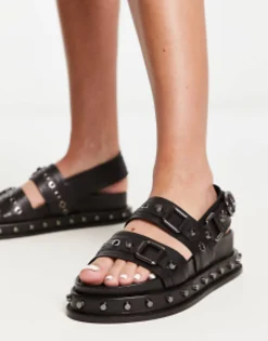 Flat Sandals*DESIGN Focused Leather Studded Flat Sandals In Black
