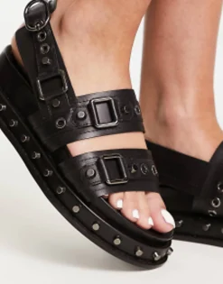 Flat Sandals*DESIGN Focused Leather Studded Flat Sandals In Black