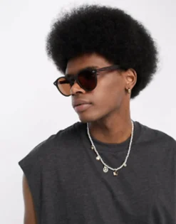 Sunglasses*DESIGN Frame Round Sunglasses In With Tortoiseshell Detail Black