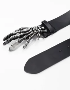 Belts*DESIGN Halloween Faux Leather Belt With Gunmetal Skull Hand Black