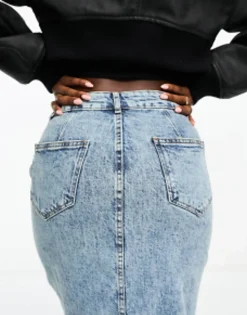 Skirts*DESIGN Hourglass Denim Midi Skirt With Split Hem In Midwash Mid Blue