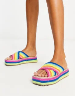Flat Sandals*DESIGN Jazlyn Flatform Crochet Mules In Rainbow Multi Rainbow