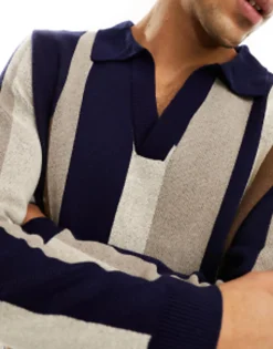 Polo Shirts*DESIGN Jumper With Notch Neck In Multi Stripe Navy