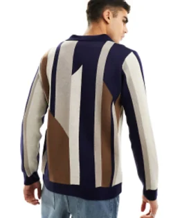 Polo Shirts*DESIGN Jumper With Notch Neck In Multi Stripe Navy