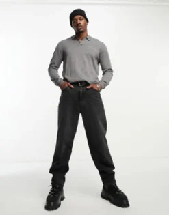 Polo Shirts*DESIGN Knitted Cotton Essential Polo In Grey Twist