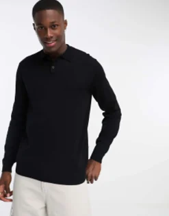 Polo Shirts*DESIGN Knitted Essential Polo Jumper In Black