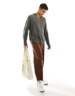 Polo Shirts*DESIGN Knitted Oversized Fisherman Rib Notch Neck Jumper In Charcoal