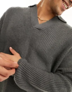 Polo Shirts*DESIGN Knitted Oversized Fisherman Rib Notch Neck Jumper In Charcoal