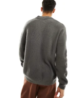 Polo Shirts*DESIGN Knitted Oversized Fisherman Rib Notch Neck Jumper In Charcoal