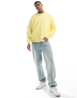 Polo Shirts*DESIGN Knitted Oversized Fisherman Rib Notch Neck Jumper In Yellow