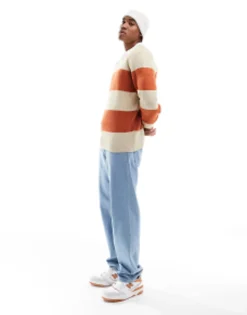 Polo Shirts*DESIGN Knitted Relaxed Rugby Striped Boucle Jumper In Orange And White Multi