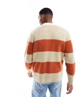Polo Shirts*DESIGN Knitted Relaxed Rugby Striped Boucle Jumper In Orange And White Multi