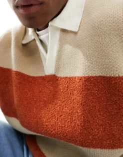Polo Shirts*DESIGN Knitted Relaxed Rugby Striped Boucle Jumper In Orange And White Multi