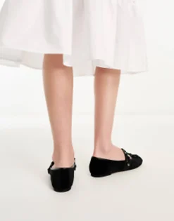 Flat Shoes*DESIGN Labyrinth Round Ballet With Hardware In Velvet Black
