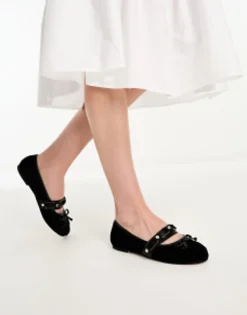 Flat Shoes*DESIGN Labyrinth Round Ballet With Hardware In Velvet Black