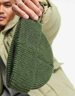 Beanies*DESIGN Lambswool Mini Fisherman Ribbed Beanie In Khaki