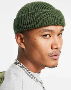 Beanies*DESIGN Lambswool Mini Fisherman Ribbed Beanie In Khaki