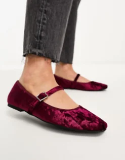 Flat Shoes*DESIGN League Velvet Mary Jane Ballet In Burgandy