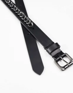 Belts*DESIGN Leather Belt With Chain In Black