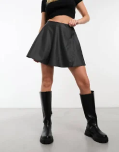 Skirts*DESIGN Leather Look Skater Mini Skirt In Black