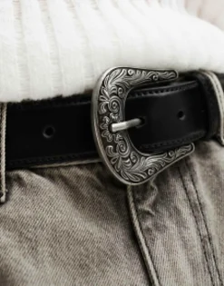 Belts*DESIGN Leather Woven Belt With Western Buckle In Black