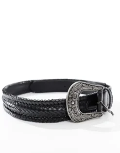 Belts*DESIGN Leather Woven Belt With Western Buckle In Black