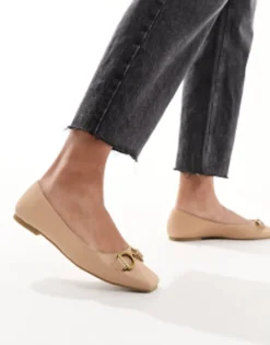Flat Shoes*DESIGN Leighton Square Toe Ballet Flats In Beige