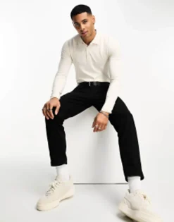 Polo Shirts*DESIGN Long Sleeve Muscle Fit Polo In Cream Eggnog