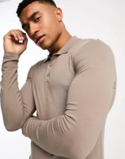 Polo Shirts*DESIGN Long Sleeve Muscle Fit Polo In Brown Driftwood