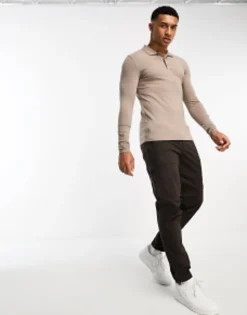 Polo Shirts*DESIGN Long Sleeve Muscle Fit Polo In Brown Driftwood