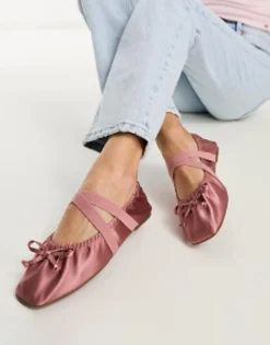 Flat Shoes*DESIGN Los Angeles Ruched Ballet With Elastic Strap In Rose Rose Pink