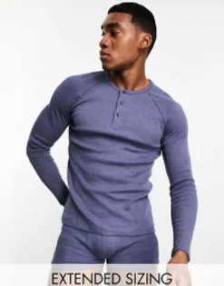 Tracksuits*DESIGN Loungewear Set With Long Sleeve Top And Trunks In Waffle Navy