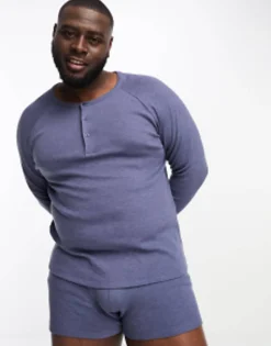 Tracksuits*DESIGN Loungewear Set With Long Sleeve Top And Trunks In Waffle Navy