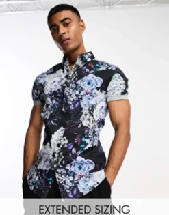 Tall*DESIGN 'Michael' Stretch Skinny Shirt In And Purple Floral Print Black