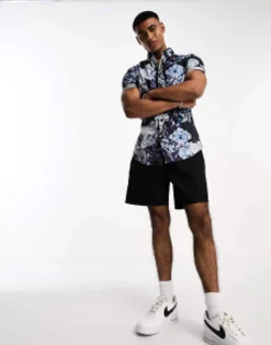 Tall*DESIGN 'Michael' Stretch Skinny Shirt In And Purple Floral Print Black
