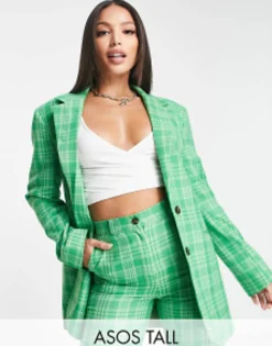 Suits & Tailoring*DESIGN Mix & Match Tall Grandad Suit In Green Check