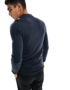 Polo Shirts*DESIGN Muscle Fit Knitted Merino Wool Polo Jumper In Navy