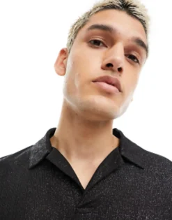 Polo Shirts*DESIGN Muscle Long Sleeve Polo In Glitter Rib With Revere Collar Black